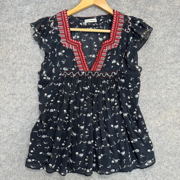 Ulla Johnson Anosha 100% Silk Blouse Womens 6 Floral Ruffle Cap Black Red Top - Picture 2 of 10